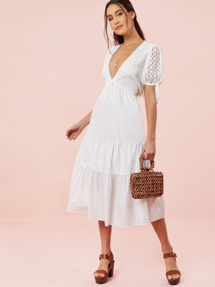 Embroidered Eyelet Shirred Puff Sleeve Midi Dress | SHEIN