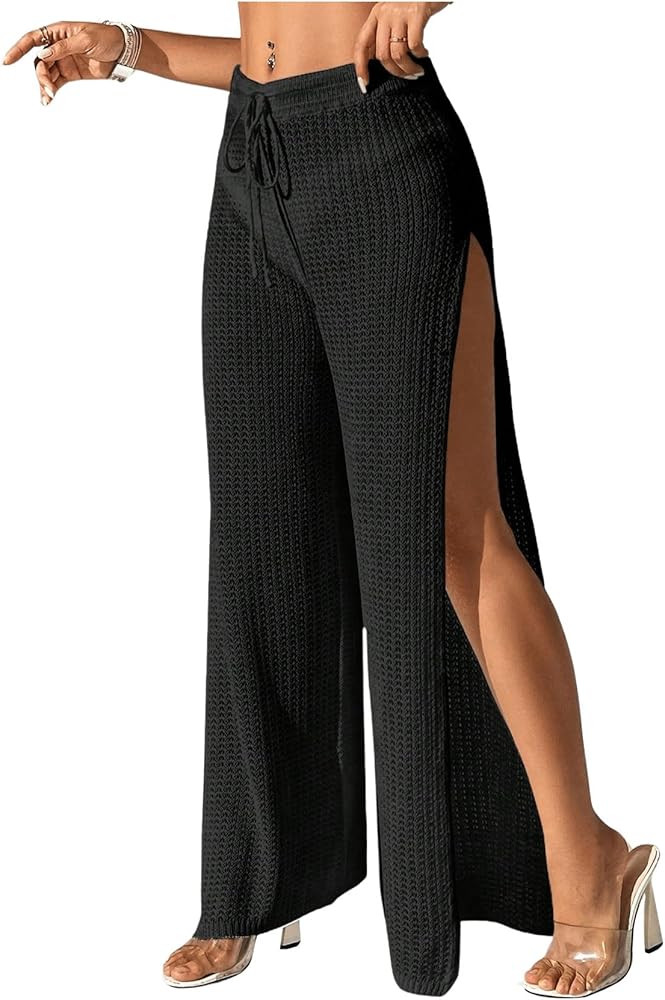 Verdusa Women's Swimsuit Sheer Crochet Cover Up High Split Drawstring Bikini Long Pants | Amazon (US)