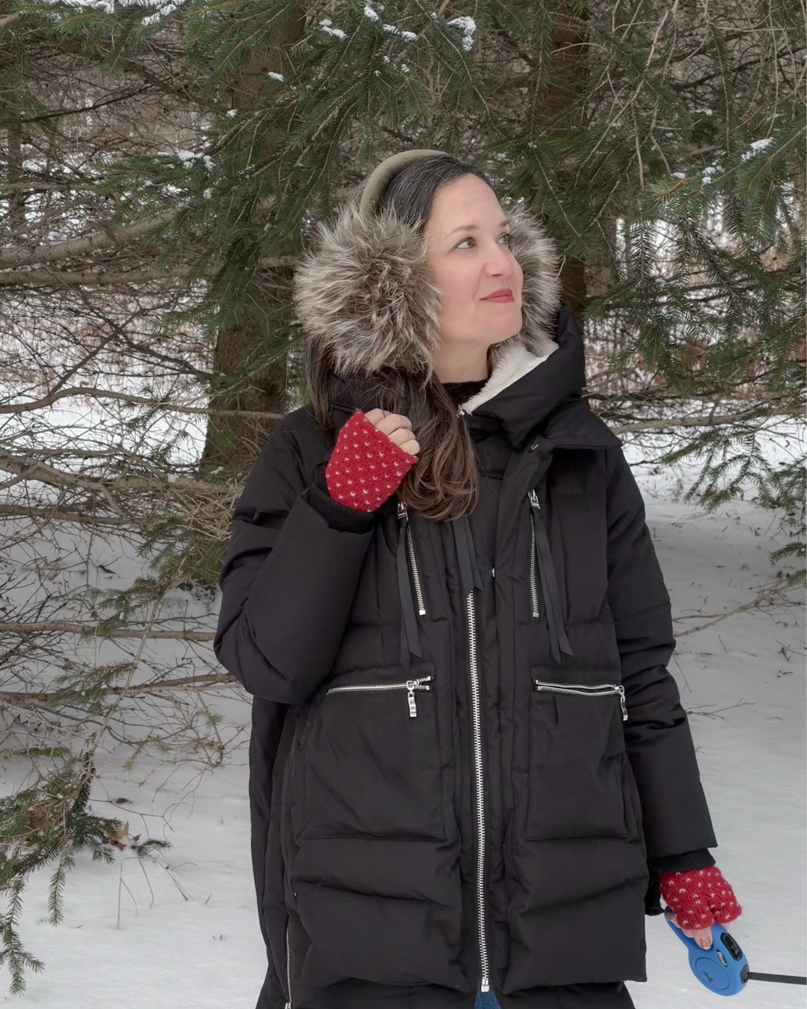 Winter road trip travel outfit. Warm coat, wide leg jeans, North Face snow boots and cute ear muffs. Fingerless mittens are helpful with dog walking 🐶 😜 

#LTKSeasonal #LTKOver40 #LTKdayinmylife