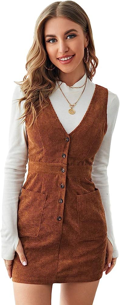 Floerns Women's V Neck Sleeveless Corduroy Button Pinafore Overall Mini Dress | Amazon (US)