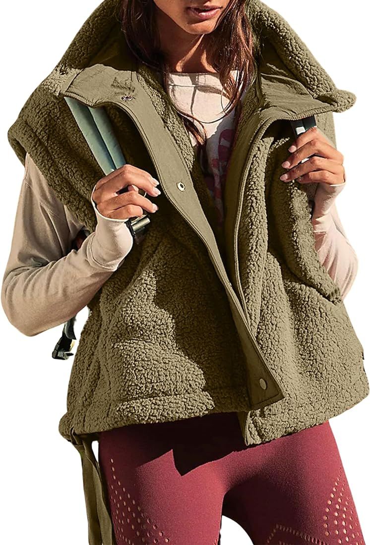 WEQULE Women's Fleece Vest Oversized Sherpa Sleeveless Jacket Button Down Pockets Vests Outerwear | Amazon (US)