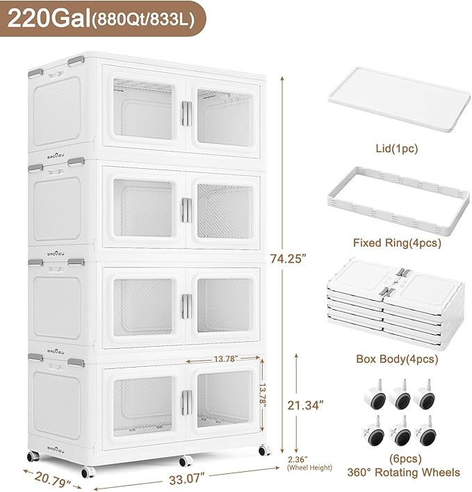 220Gal Extra Large Storage Bins with Lid, 880Qt Plastic Stackable Storage Bins with Wheels, Colla... | Amazon (US)
