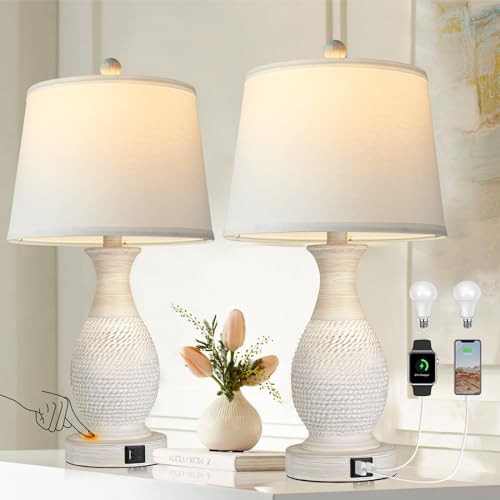 PARTPHONER Table Lamps Set of 2, Bedside Touch Lamp with USB C+A Charging Ports, Side Table Lamp with White Fabric Shade (LED Bulbs Included) | Amazon (US)