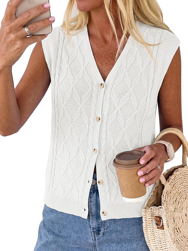 Vest Tops for Women Summer V Neck Button Loose Lightweight Cardigan Knit Sleeveless Sweater Vests... | Amazon (US)