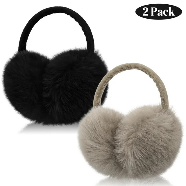 Loritta 2 Pcs Winter Earmuffs for Women Fluffy Cute Ear Muffs for Winter Black and Khaki | Walmart (US)
