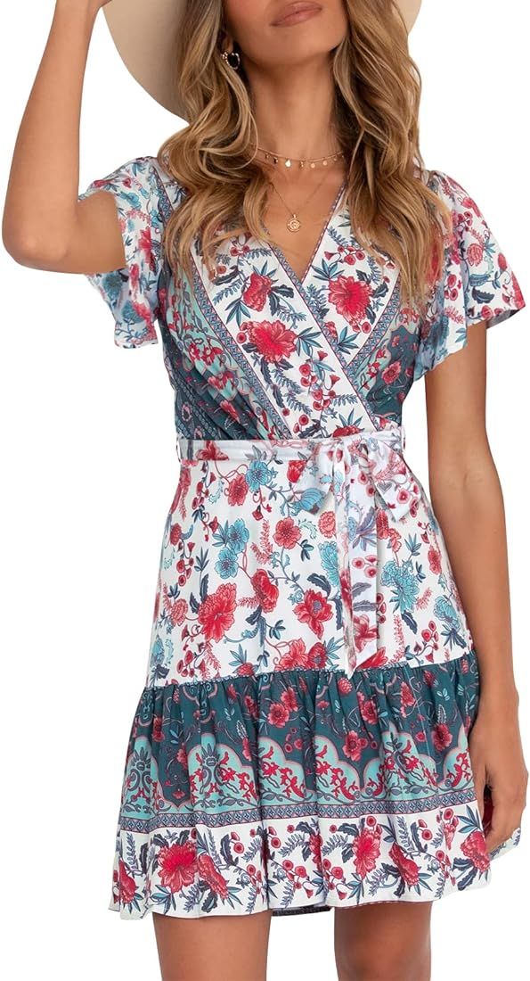 Women's 2023 Summer Wrap V Neck Bohemian Floral Print Ruffle Swing A Line Beach Mini Dress | Amazon (US)
