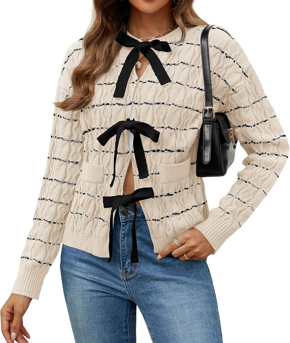 ZESICA Cárdigan de manga larga con frente abierto para mujer, para otoño e invierno, a rayas, c... | Amazon (US)
