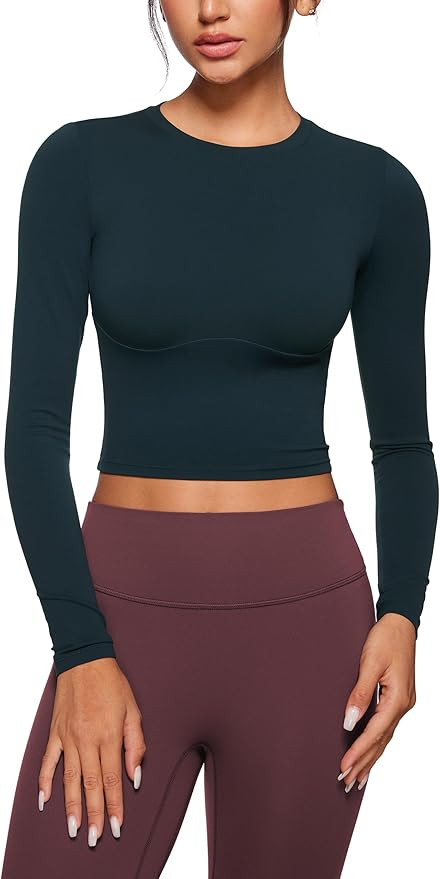 INGIA Womens Long Sleeve High Round Neck Crop Yoga Shirts Workout Slim Fit Casual Yoga Gym Tops | Amazon (US)