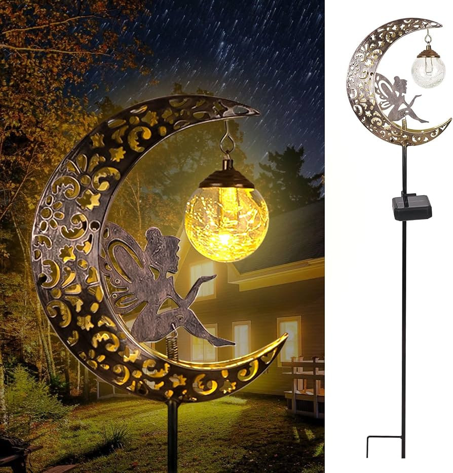 Solar Garden Lights Outdoor Decor,Moon Fairy Crackle Glass Lights,Waterproof Warm White LED Metal... | Amazon (US)