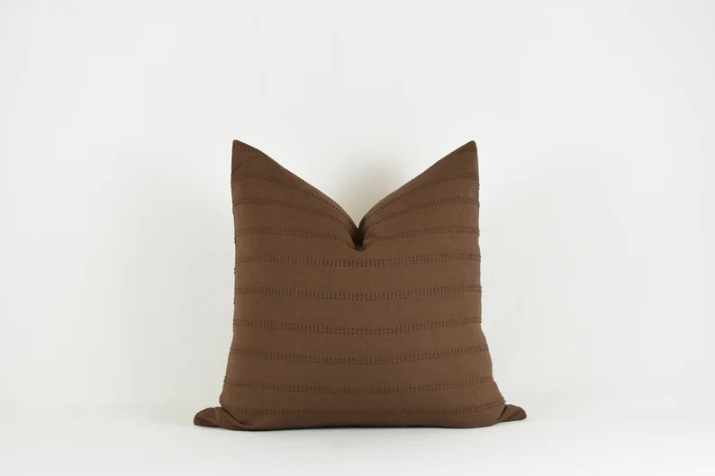 Naviyah Pillow Woven Cotton Chocolate Brown Embroidery Stripe - California Cool, Modern Farmhouse | Etsy (US)