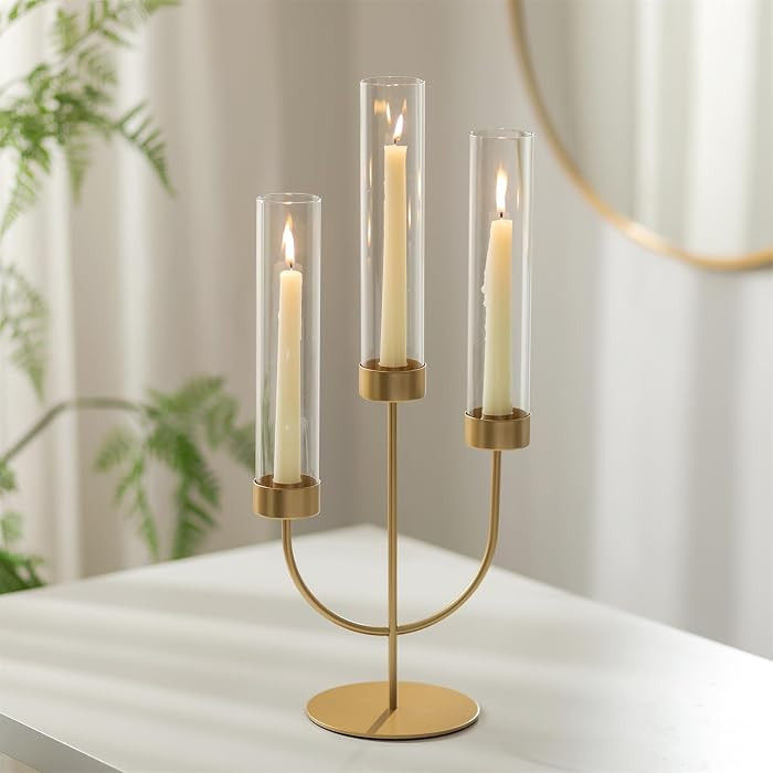 Sziqiqi Candelabra Gold Candlestick Holders: 3 Arm Candelabra Centerpiece with Glass Hurricane fo... | Amazon (US)