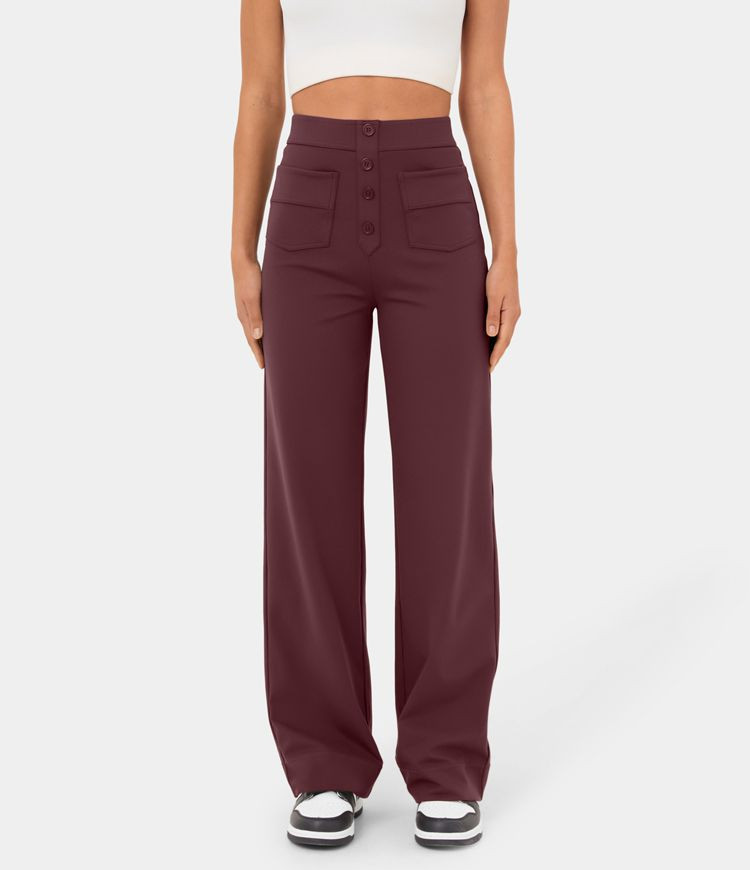 High Waisted Button Multiple Pockets Straight Leg Casual Pants | HALARA
