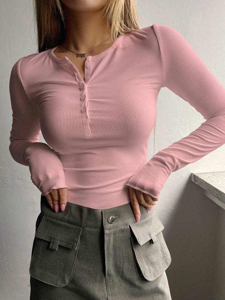 DAZY Half Button Ribbed Knit Tee | SHEIN