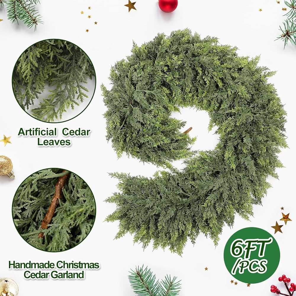 Waydress 1 Pcs 6ft Christmas Cedar Garland Artificial Green Cedar Garland Faux Cedar Pine Needles Garland for Home Fireplace Indoor Outdoor Holiday Party Decoration | Amazon (US)