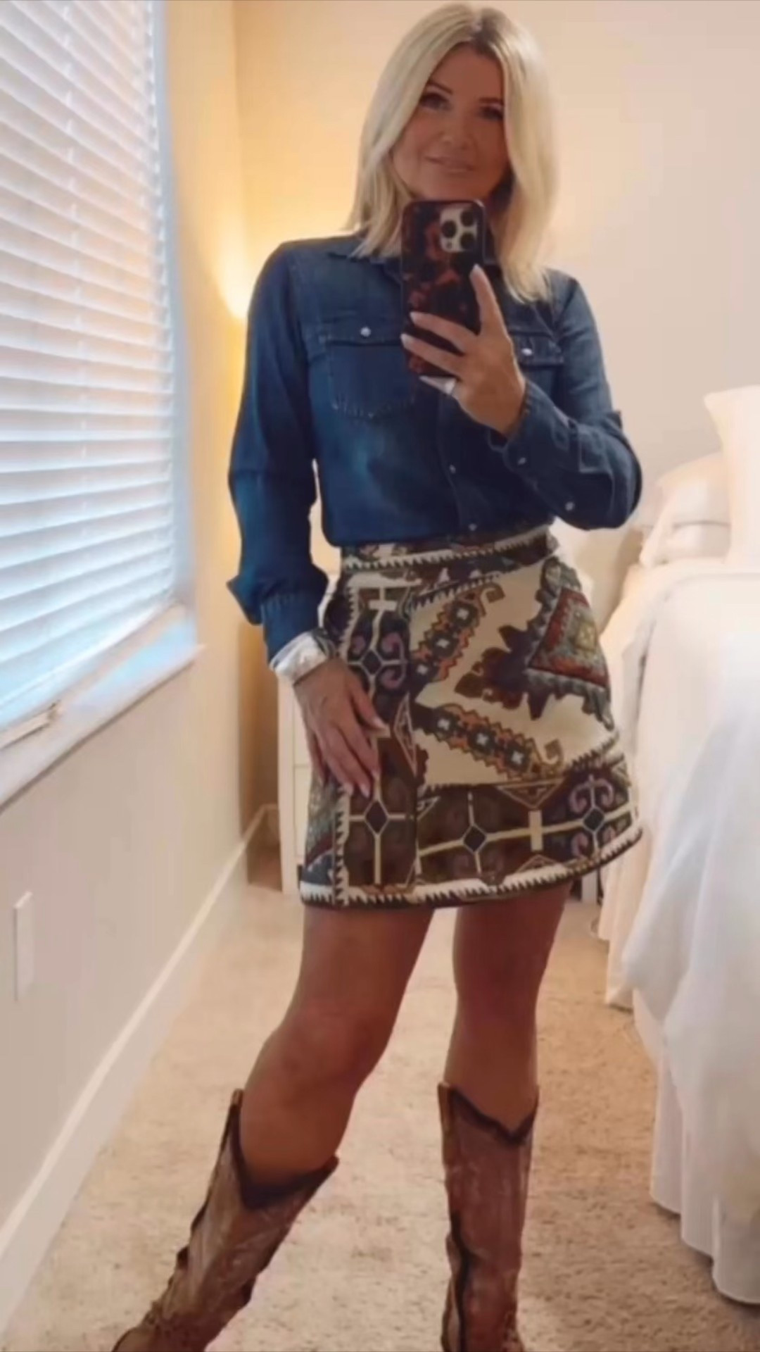 Denim, boots, and a little bit of trouble-just right for a Ryan Bingham night. Drop DENIM here for o for shirt (skirt is old Hunter Bell, boots are vintage 