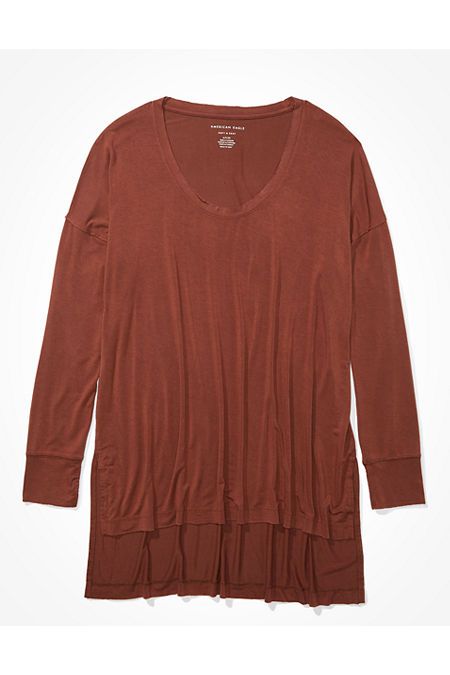 AE Soft & Sexy Long Sleeve Scoop Neck Tunic T-Shirt Women's Brown XS | American Eagle Outfitters (US & CA)