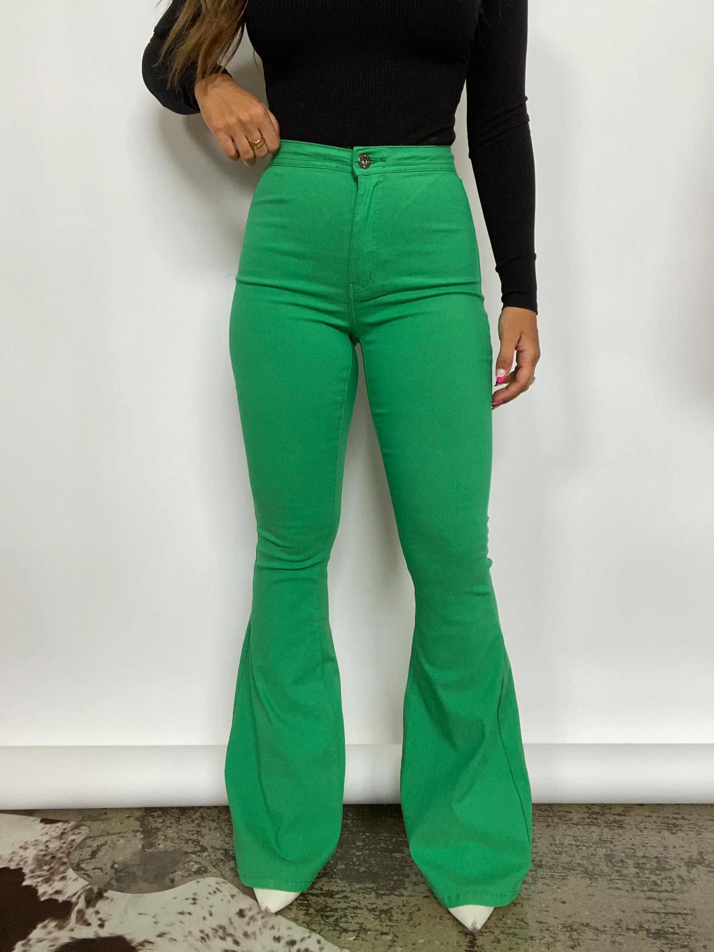 Fiona High Waisted Bell Bottom Flare Jeans - Kelly Green | Willow Boutique