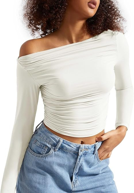SUUKSESS Women Off Shoulder Long Sleeve Shirts Double Lined Fitted Crop Tops | Amazon (US)