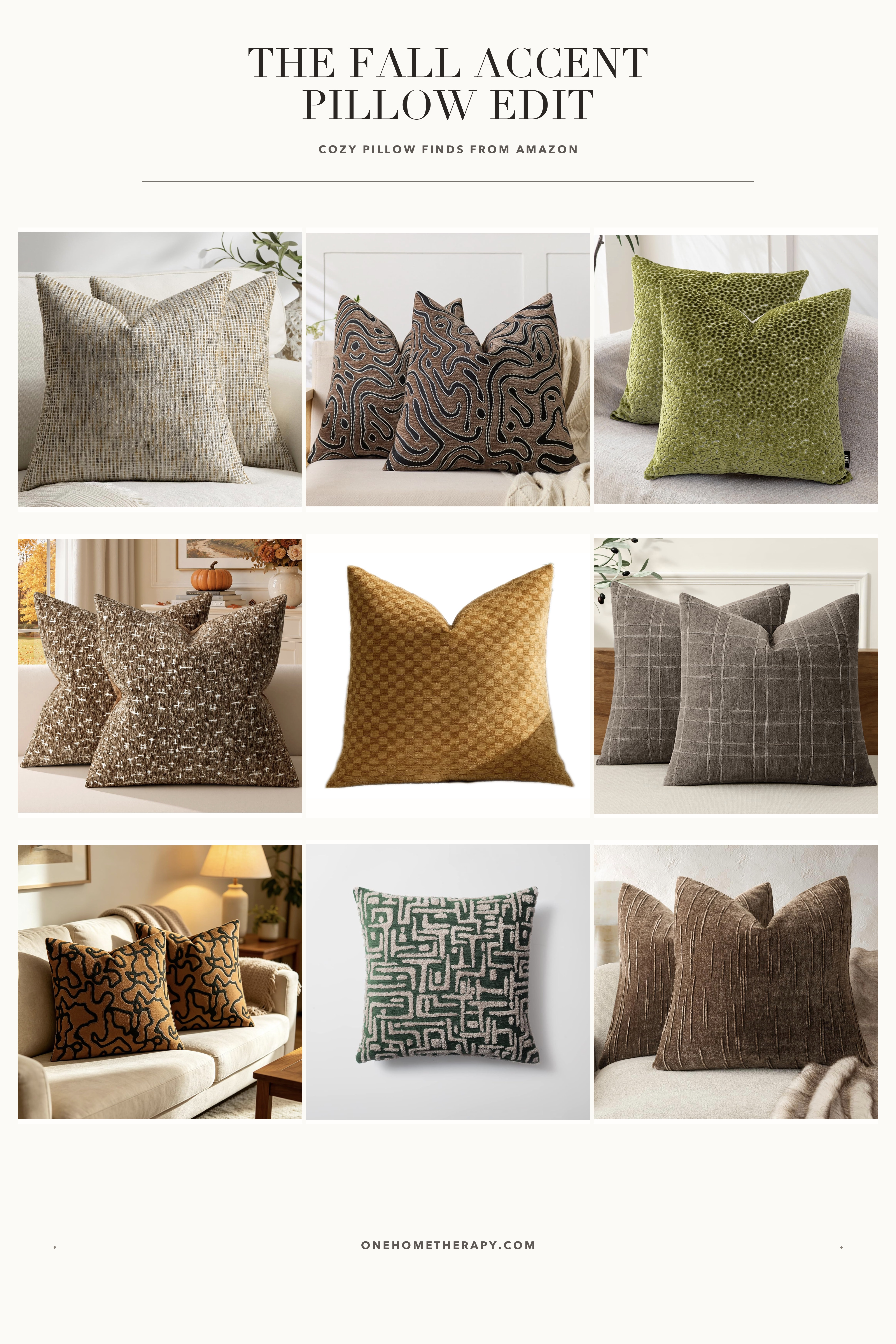 A little texture goes a long way. I found nine Amazon accent pillows in warm browns, soft neutrals, ochre, olive, and deep green—perfect for giving your sofa or bed a polished fall update.
#FallHomeDecor #FallDecor #AccentPillows #ThrowPillows #AmazonHome #AmazonHomeFinds #AmazonFinds #CozyHome #AutumnDecor #LivingRoomDecor #NeutralHome #EarthToneDecor #HomeDecorFinds #SeasonalDecor #OneHomeTherapy

#LTKSeasonal #LTKHome #LTKstorytime