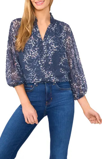 CeCe Floral Clip Dot Ruffle V-Neck Top | Nordstrom | Nordstrom
