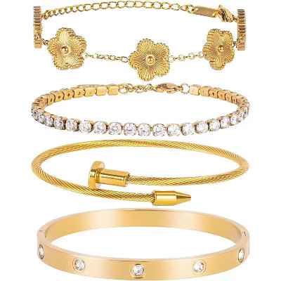 18K Gold Plated Bracelet Set for Women - 4 Piece Nail Love & Clover Adjustable Tennis Bracelets, Stackable Gift Jewelry Gold one size | Target