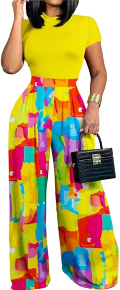 HBQ Women 2 Piece Outfits Short Sleeve Top and Flowy Flare Pants Lounge Sets Tracksuit | Amazon (US)