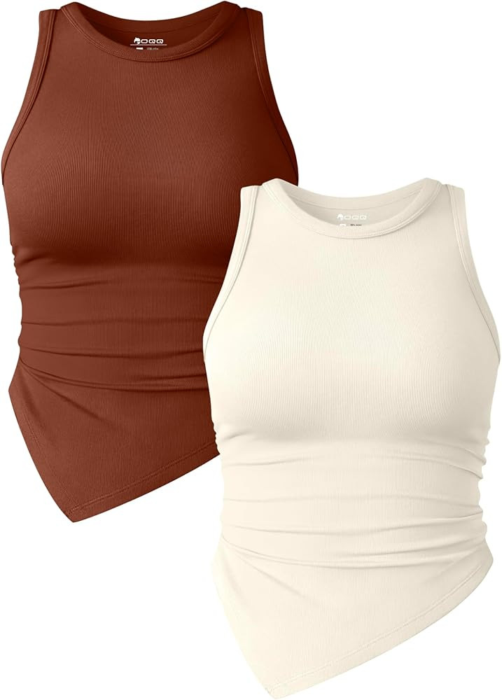 OQQ Women's 2 Piece Tank Tops Ruched Crew Neck Sleeveless Basic Stretch Tee Shirts | Amazon (US)