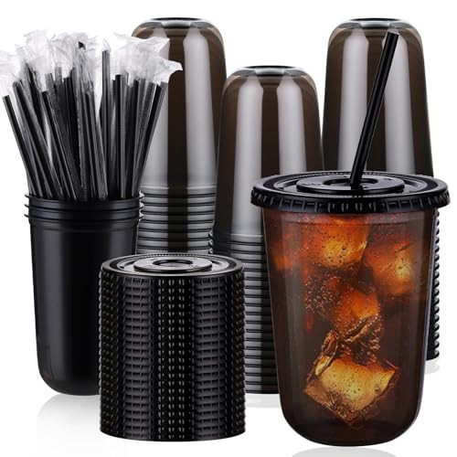 tchrules 100 Set 16oz Plastic Cups with Lids and Straws, Disposable Black Clear Iced Coffee Cup with Lid, Round Bottom Plastic To Go Cups for Cold Drinks Slushie Smoothie Soda Bar Party Shop Supplies | Amazon (US)