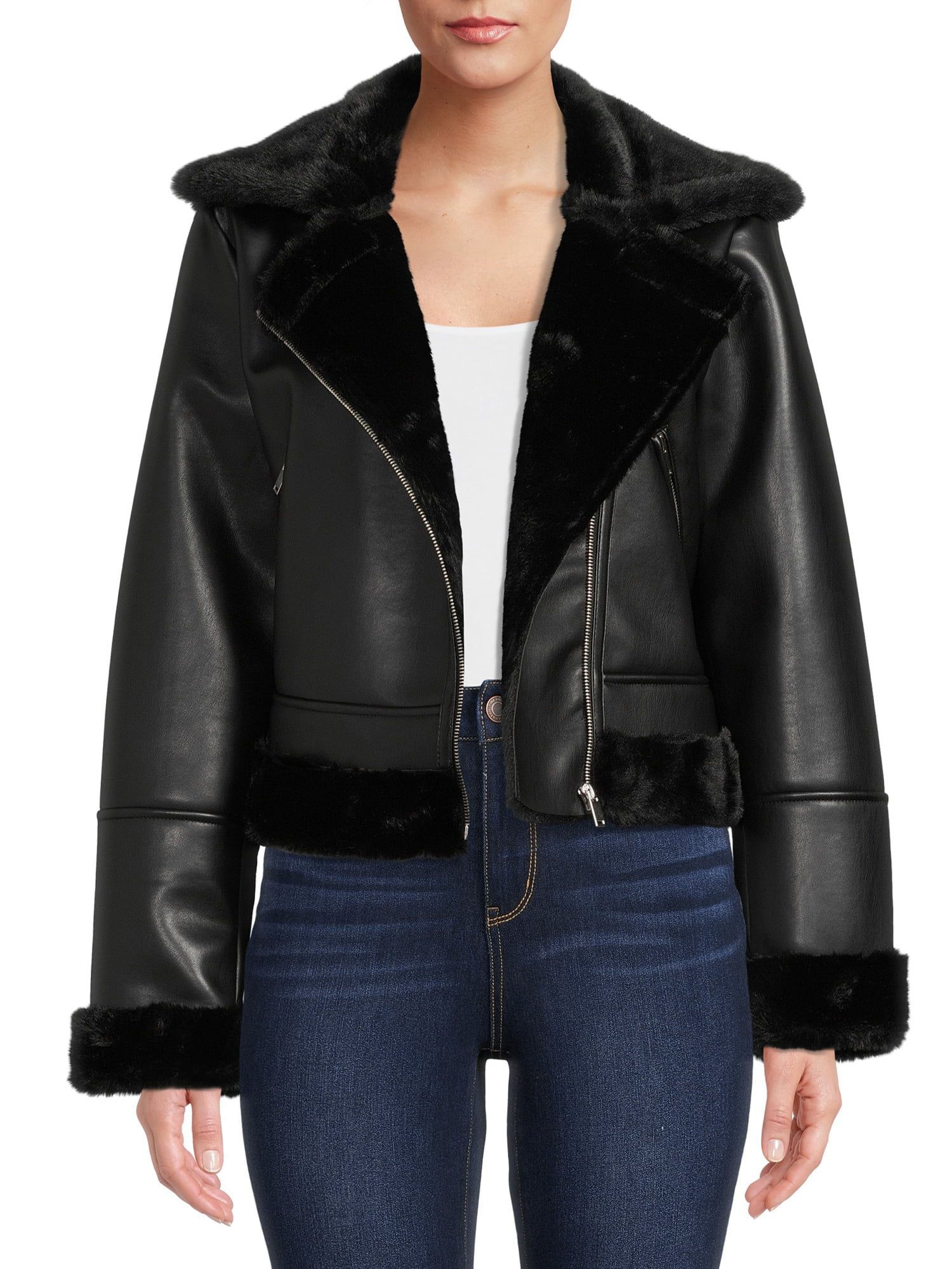 Mark Alan Women's and Women's Plus Size Faux Fur Lined Vegan Leather Moto Jacket - Walmart.com | Walmart (US)