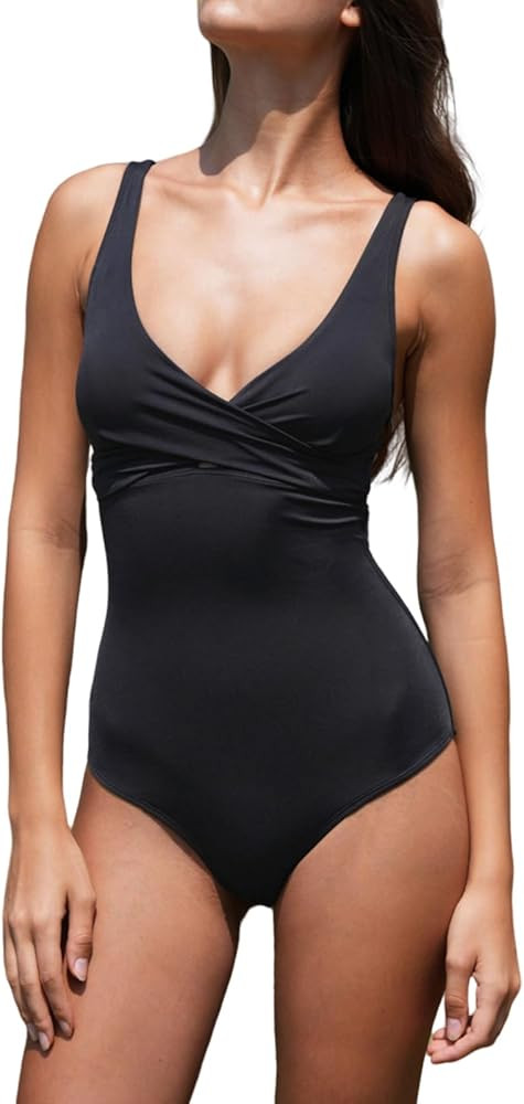 Tummy Control One Piece Swimsuits for Women Slimming Bathing Suits V Neck Twist Push Up Swimwear | Amazon (US)