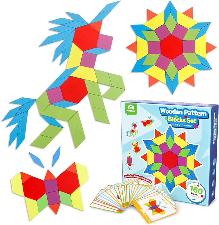 Coogam 160 PCS Wooden Shape Puzzle Pattern Blocks, Geometric Tangrams Game Brain Teaser Toy, Geo ... | Amazon (US)
