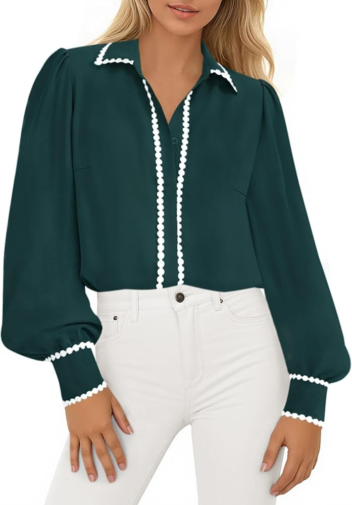 PRETTYGARDEN Womens Long Sleeve Button Down Shirts 2025 Trendy V Neck Loose Fit Fall Tops Collare... | Amazon (US)