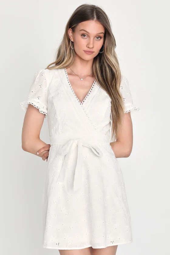 Whirlwind Wonder White Floral Eyelet Short Sleeve Mini Dress | Lulus