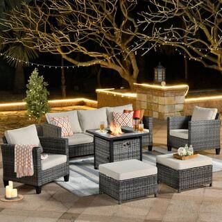 XIZZI Megon Holly 6-Piece Wicker Outdoor Patio Fire Pit Seating Sofa Set with Beige Cushions | The Home Depot