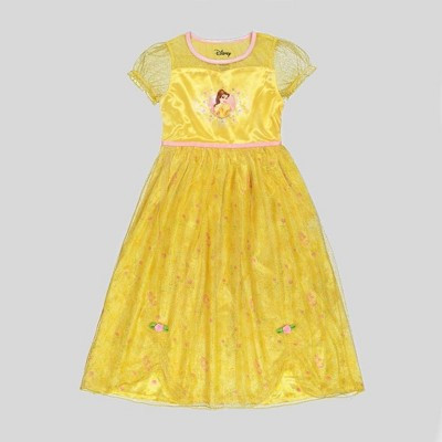 Girls' Disney Princess Belle Dress-up NightGown - Yellow 4: Polyester, Short Sleeve | Target