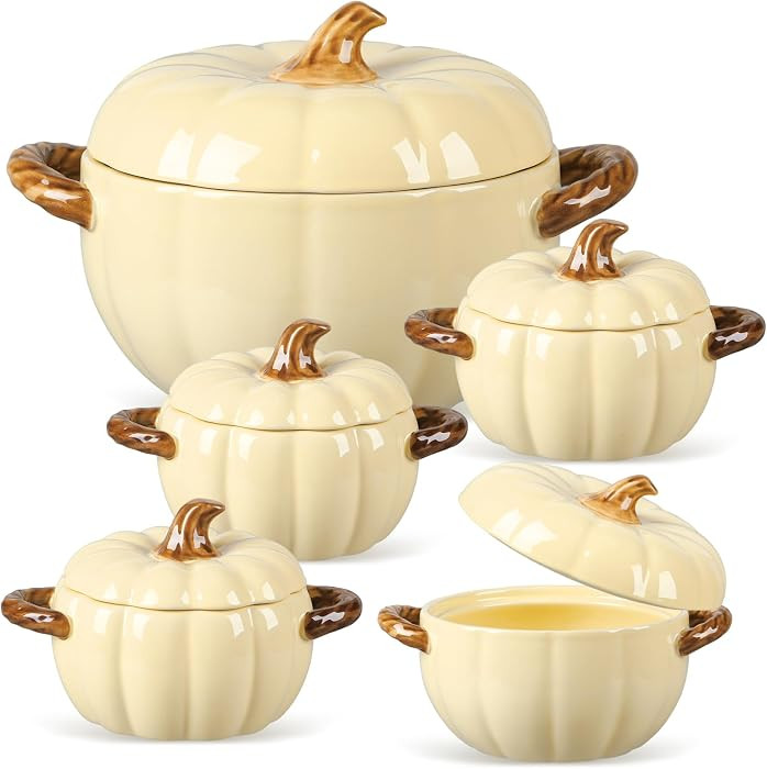 Set of 5 Ceramic Pumpkin Bowls with Lid and Handles, Cream Yellow | Amazon (US)