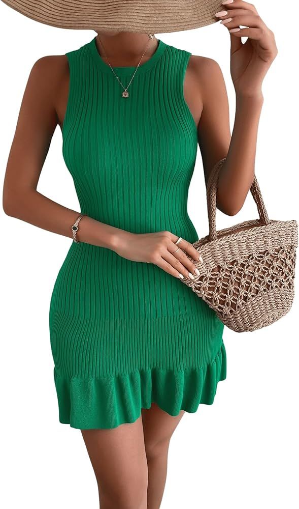 MakeMeChic Womens Ribbed Knit Sleeveless Ruffle Hem Mini Bodycon Summer Vacation Sweater Dress | Amazon (US)