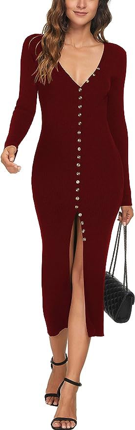 CMZ2005 Women's Button Down Long Sleeve Cardigan Outerwear Sweater Dress Bodycon Party Maxi Dress... | Amazon (US)