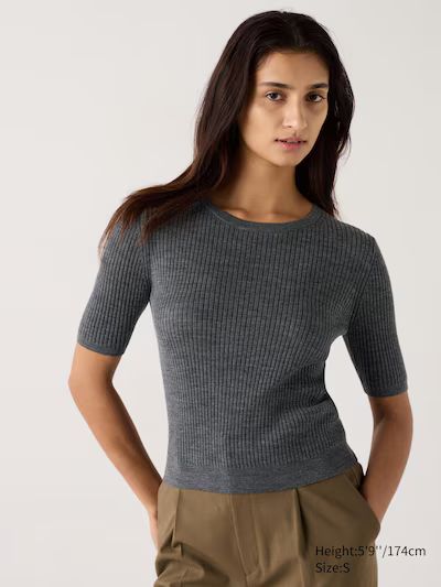 Merino Ribbed Crew Neck Half Sleeve Sweater | UNIQLO (US)