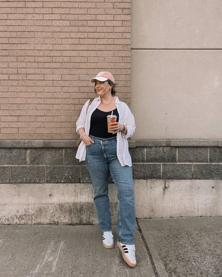 Casual midsize spring outfit - linen button up shirt, Abercrombie jeans, baseball cap, adidas sambas

Everyday outfit, neutral ootd


#LTKSeasonal #LTKstyletip #LTKmidsize