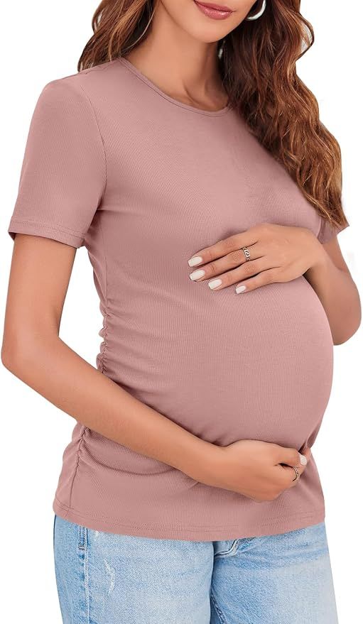 Women's Maternity Summer Tops Short Sleeve Crew Neck Ribbed Knit Slim Fitted Blouse Side Ruched P... | Amazon (US)