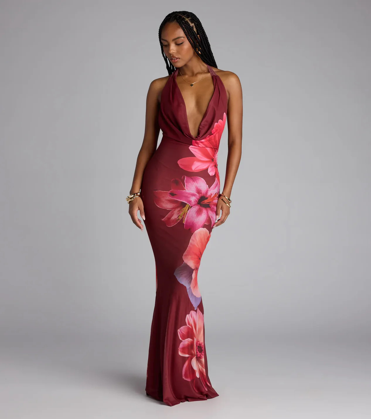 Amalfi Coast Plunge Neck Mermaid Floral Maxi Dress | Windsor Stores