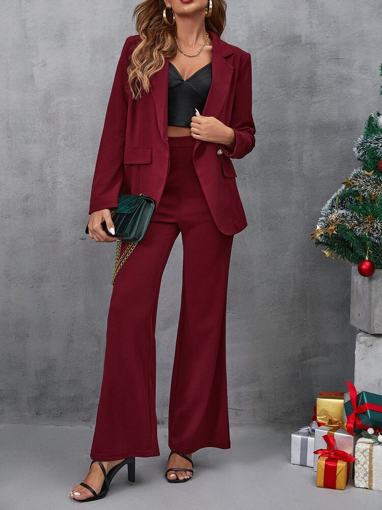 SHEIN Single Button Blazer & Flare Leg Pants | SHEIN