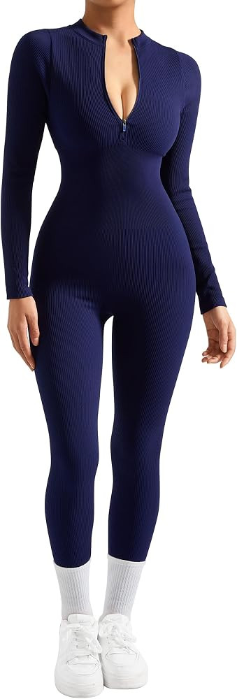 SUUKSESS Women Long Sleeve Ribbed Jumpsuit Zip up Front Workout Bodycon Romper | Amazon (US)