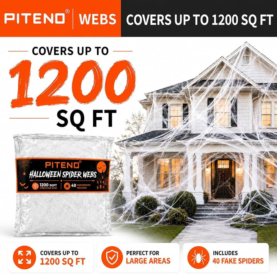 Piteno\u00ae 1200 sqft Spider Webs Halloween Decorations with 40 Fake Spiders, Stretchable Hallow... | Amazon (US)