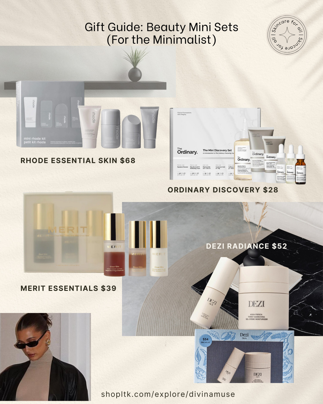 Gift guide for her: beauty mini discovery sets & skincare essentials for the minimalist. 

Skincare sets: rhode, the ordinary, merit, dezi skin 
Made for low effort, high impact. 

#giftsforher #skincaregifts #beautygifts #glowskincare #dewyskincare #minimalistgifts #stockingstuffers #hydrateskincare #skincareproducts #bestskincare #viralskincare #trendingskincare 

 #LTKGiftGuide #LTKFindsUnder100 #LTKBeauty