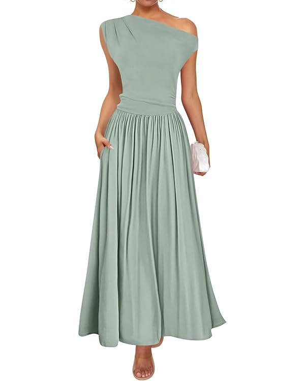 ZESICA Women's Summer 2025 Sleeveless Maxi Dress One Shoulder Casual Slim Swing Pleated Formal Dr... | Amazon (US)
