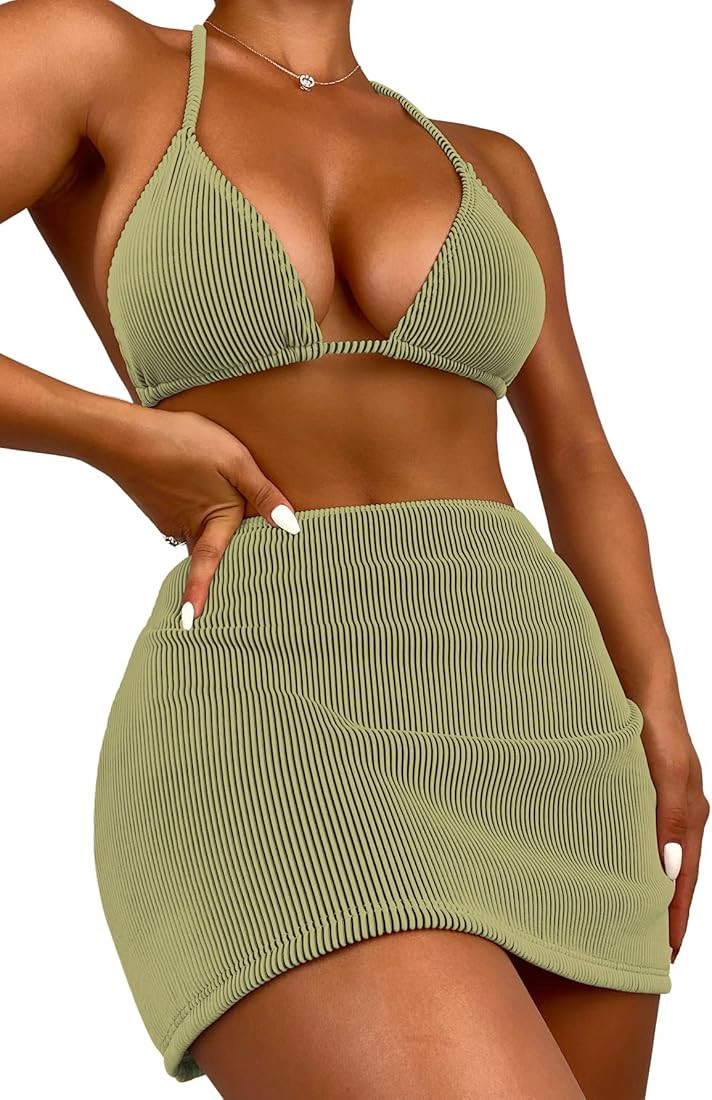 SweatyRocks Women's 3 Piece Zebra Striped Bikini Swimsuit Set & Beach Skirt Set Bathing Suit | Amazon (US)