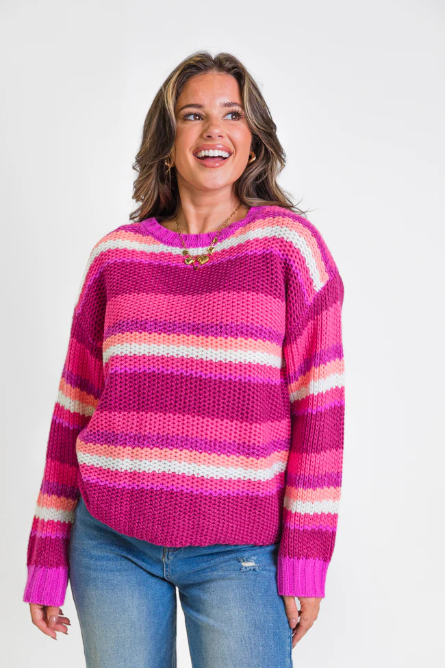 All the Good Magenta Striped Crew Neck Sweater | Pink Lily