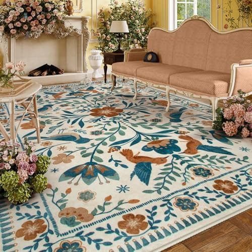 Moynesa Area Rugs 9x12 Retro Home Decor, Modern Bohemian Farmhouse Floral Bird Print Pattern Meda... | Amazon (US)